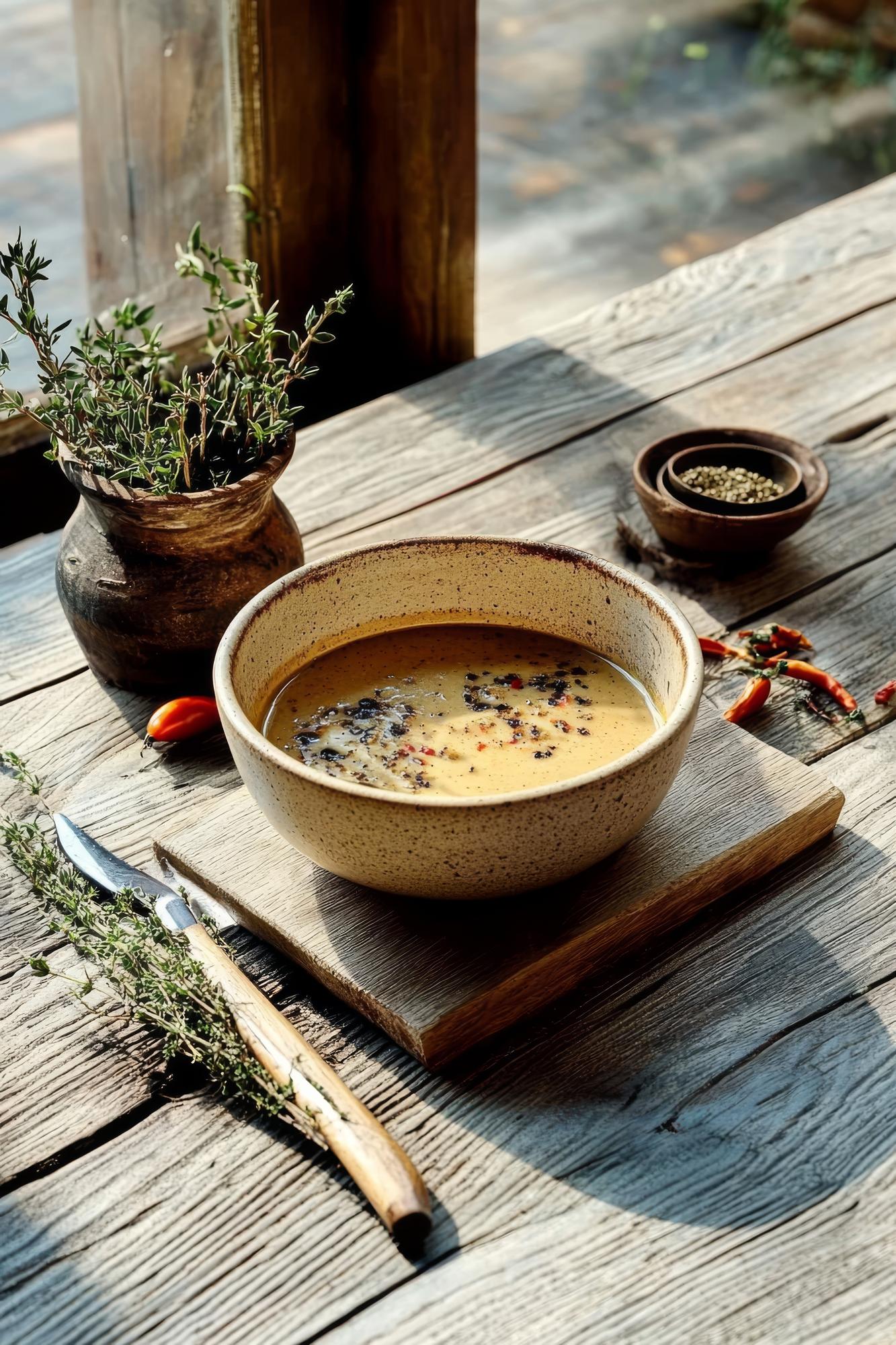 plated rustic soup with herbs